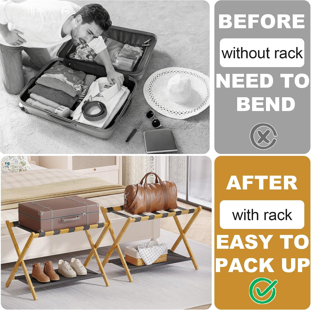 BAMBOOHOMIE Bamboo Luggage Rack for Guest Room, 26.77" Folding Wide Suitcase Stand with Fabric Storage Shelf, Thickened Luggage Stand Holder for Bedroom Hotel, Luggage Rack for Suitcases (2 Pack - Natural)
