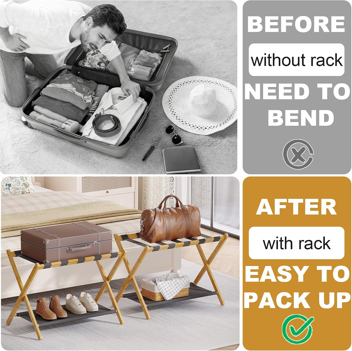 BAMBOOHOMIE Bamboo Luggage Rack for Guest Room, 26.77" Folding Wide Suitcase Stand with Fabric Storage Shelf, Thickened Luggage Stand Holder for Bedroom Hotel, Luggage Rack for Suitcases (2 Pack - Natural)
