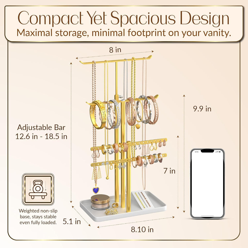 Jewelry Tower Stand Organizer for Women - Elegant Jewelry Holder Display with Necklace Holder, Earring Organizer & Bracelet Rack - Tabletop Jewelry Stand for Dresser, Vanity, Desk