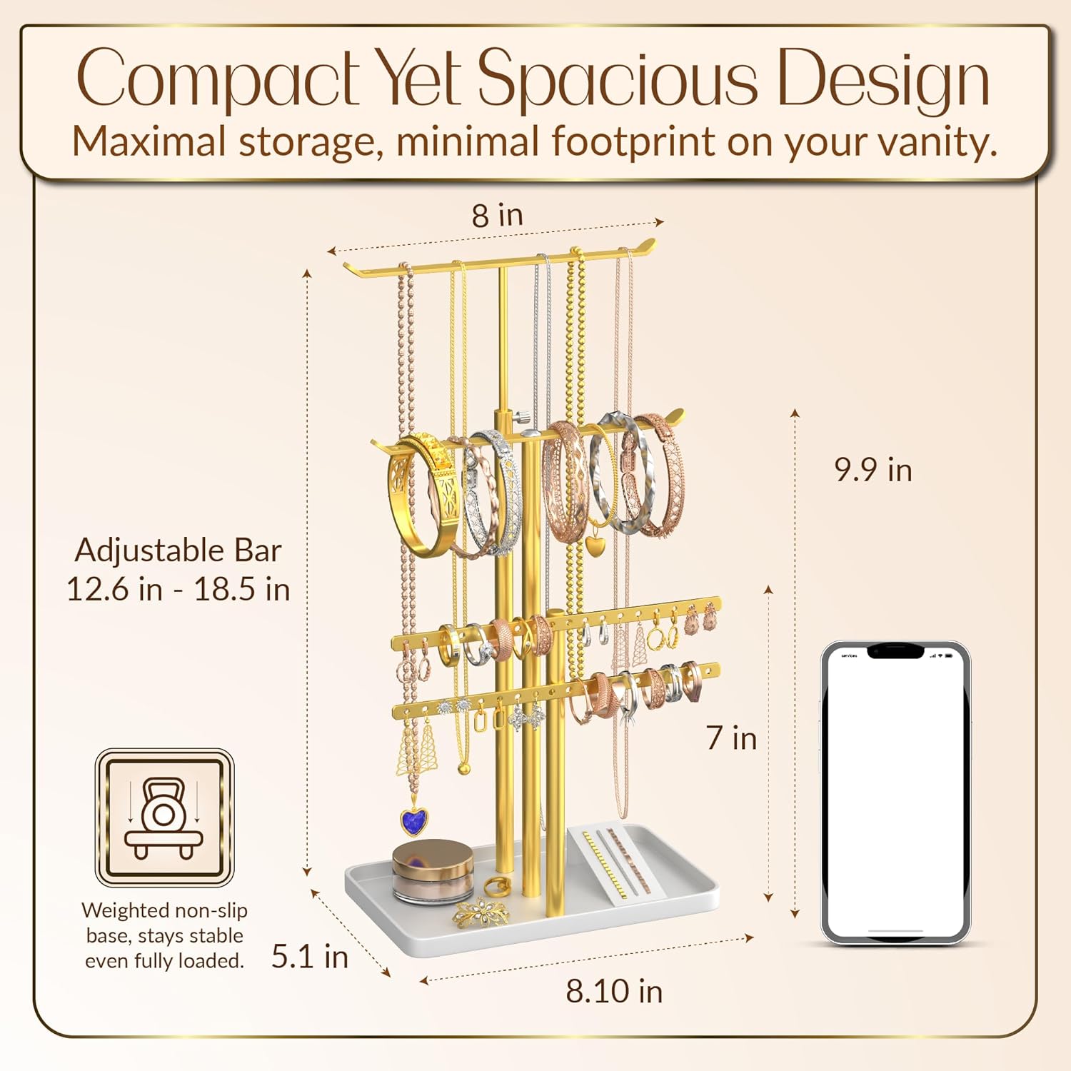 Jewelry Tower Stand Organizer for Women - Elegant Jewelry Holder Display with Necklace Holder, Earring Organizer & Bracelet Rack - Tabletop Jewelry Stand for Dresser, Vanity, Desk