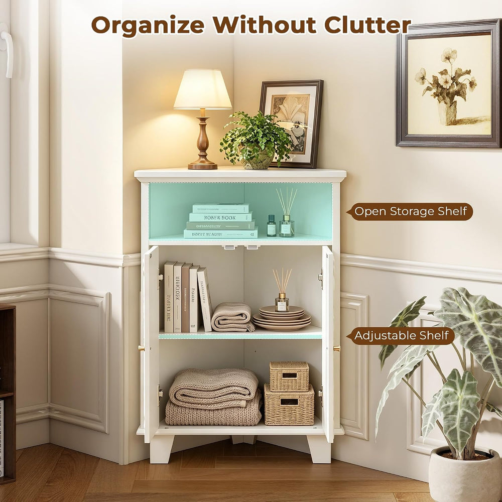 Corner Storage Cabinet, 31.5" Floral Accent Cabinet for Small Spaces, White