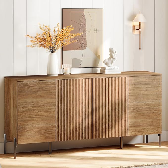 WAMPAT 61.6" TV Stand Cabinets for TVs up to 70 Inches, Entertainment Center with Storage Cabinets and 4 Doors, Mid Century Modern Media TV Console Table for Living Room Bedroom, Brown