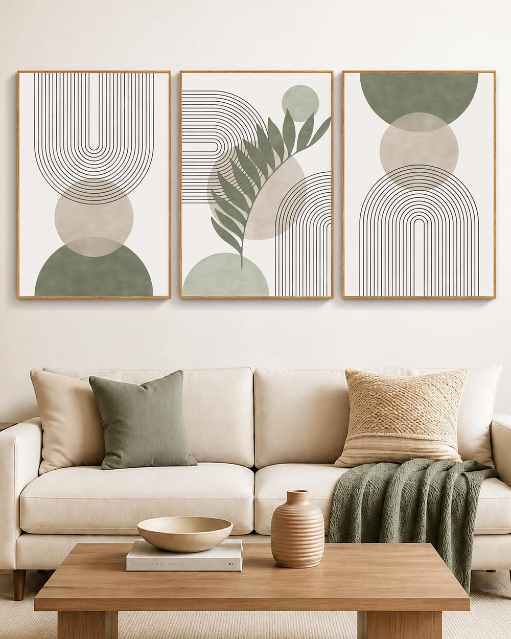 HesenDot 16x24in Boho Sage Green Large Wood Framed Wall Art,Set of 3