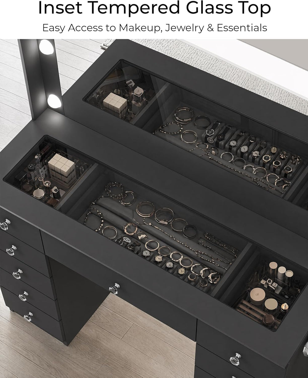 Otterease Black Makeup Vanity with Mirror and Lights,11 Drawers & Glass T...