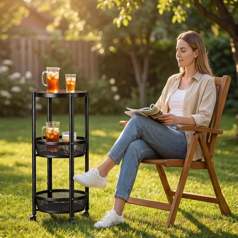 SYO 3-Tier Foldable Rolling Storage Cart, Round Mesh Shelves with Wheels, No ...