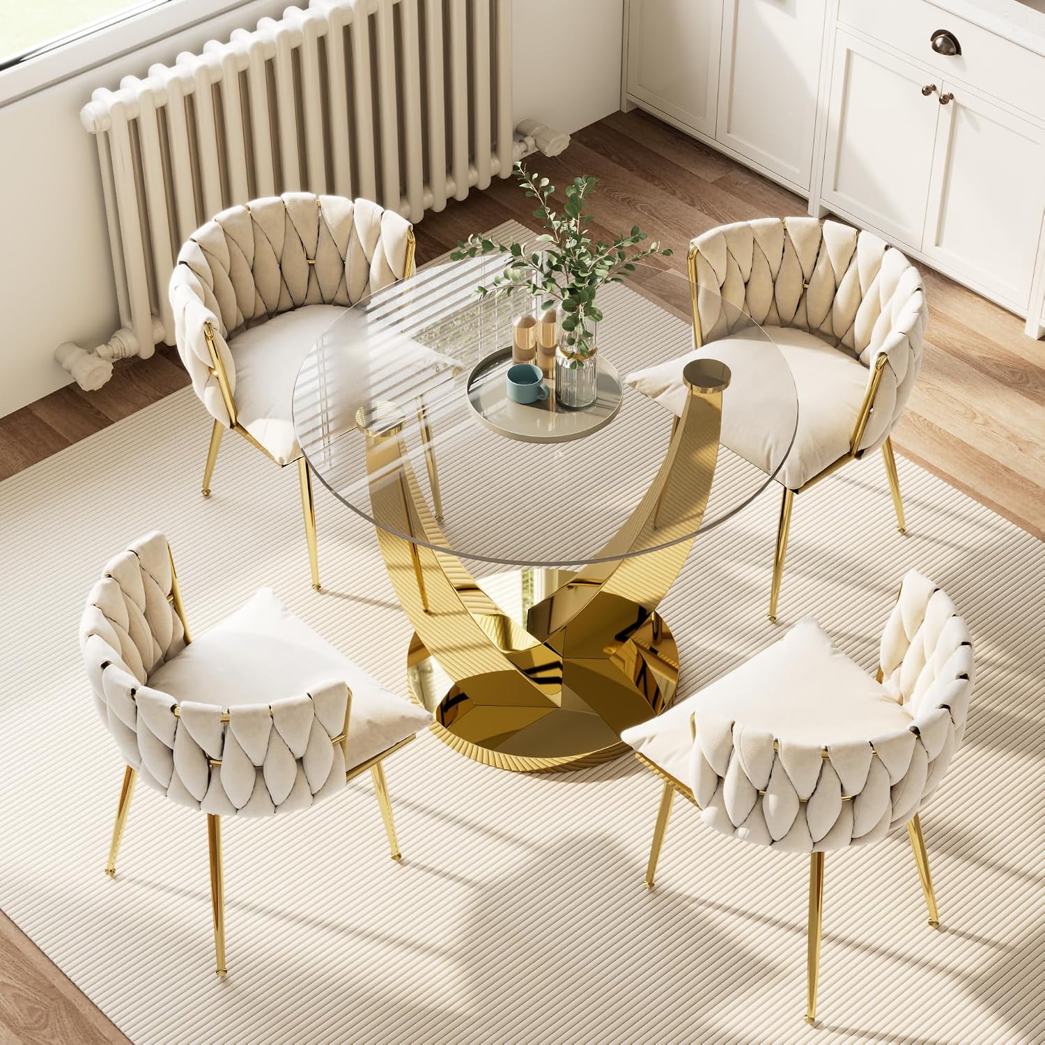 38.9" Round Glass Dining Table Set for 4, Modern Kitchen Table with 4 Upholstered Velvet Chairs, Tempered Glass Top with Golden Steel Base, 5 Pieces Dining Table Set for Small Space - Beige
