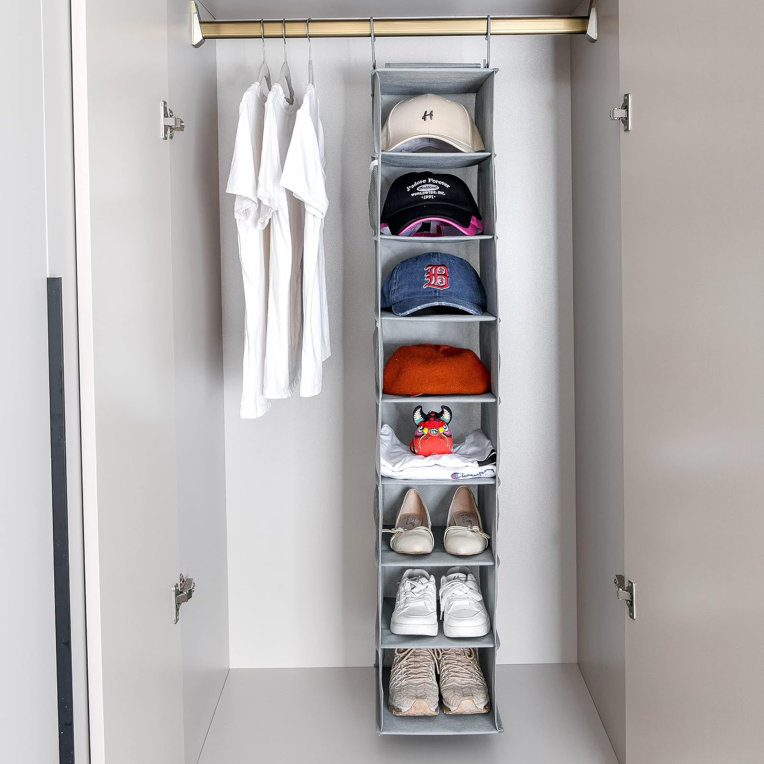 Berdeng Hanging Shoe Organizer for Closet with Side Mesh Pockets，Hat Racks for Baseball Caps，Shoe and Hat Holder & Storage，8-Shelf，Gray，1 Pack