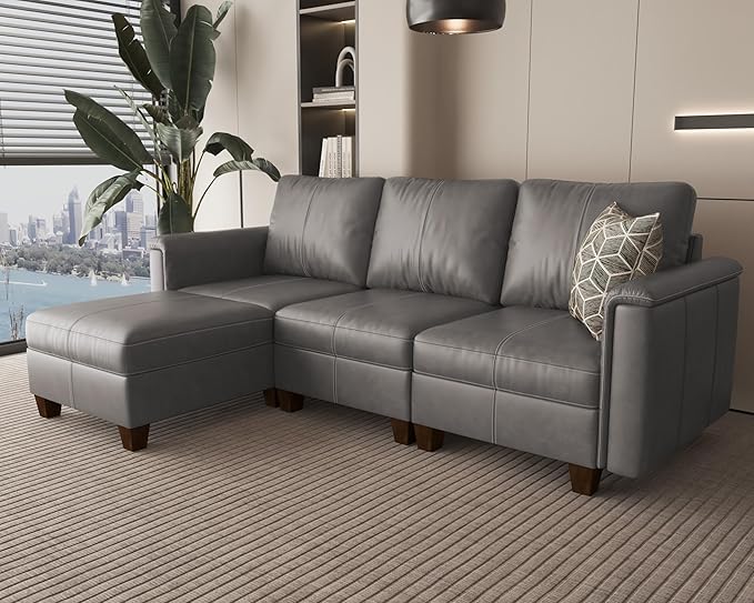 SITJOY 91" Faux Leather Modular Sectional Sofa with Storage, Mid Century Modern Sectional Couches for Living Room, Soft Padded Armrests, 3 Seater L-Shaped Couch with Ottoman, Gray