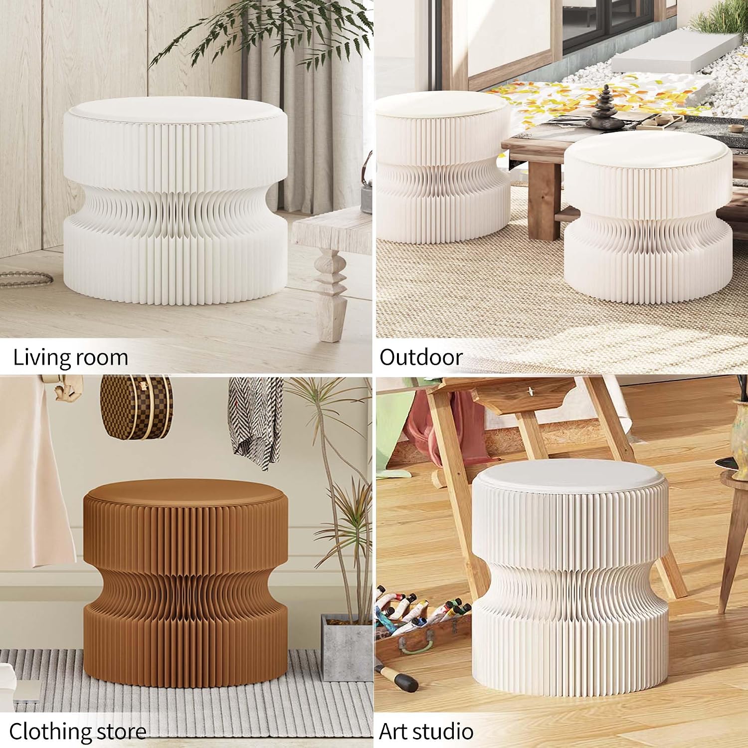 Foldable Paper Stool - Creative Accordion Design, Portable Expandable Round Stool for Home & Commercial Use, Footrest Seat for Entryway, Living Room or Retail Stores (Brown, H16in*D14in)