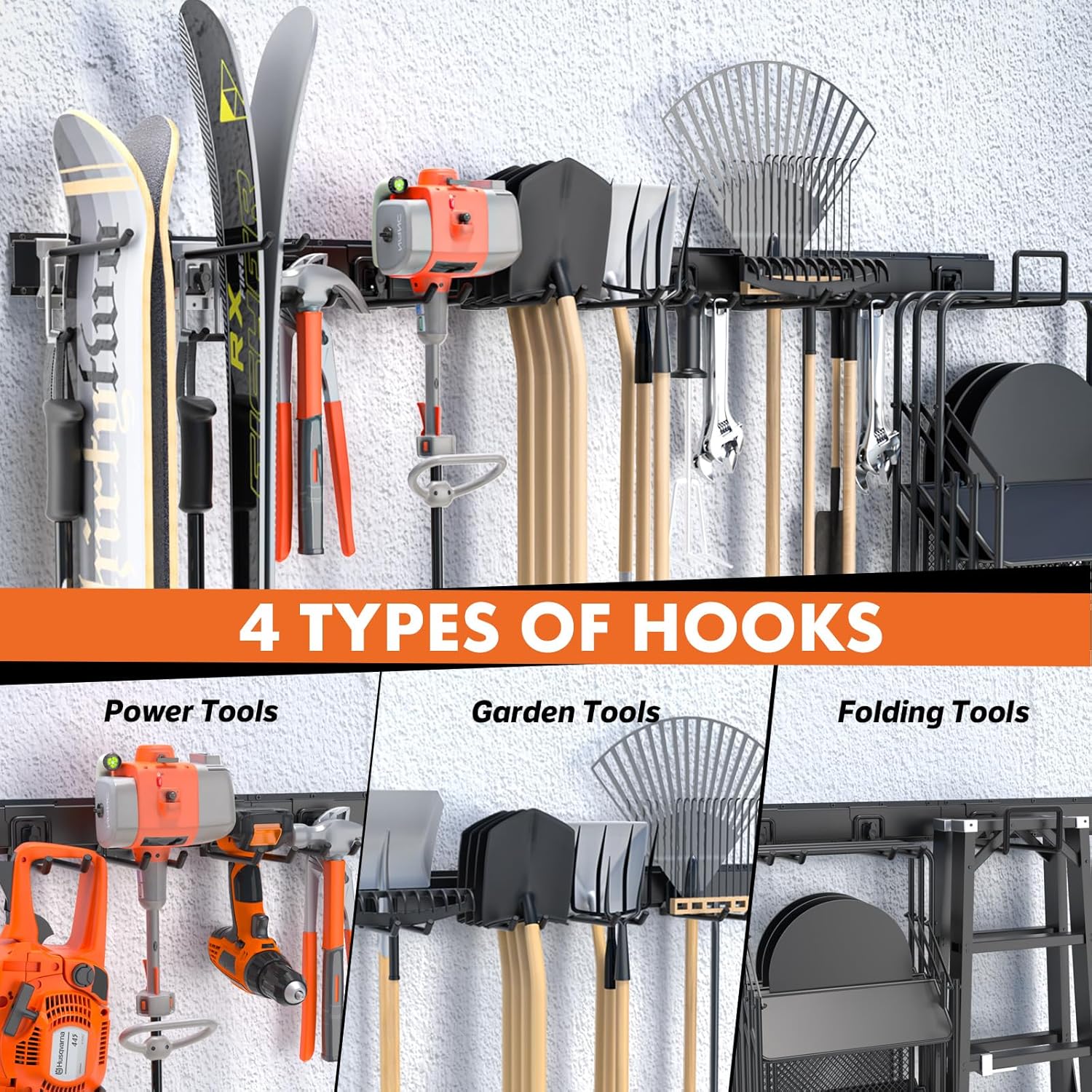 64 Inches Garage Storage, Garage Organization, Wall Mount Garden Tool Organizer, Max 620lbs Adjustable Metal Hooks, Yard Shed Rack, Tool Holder for Hanging Rake Broom Mop Snowboard