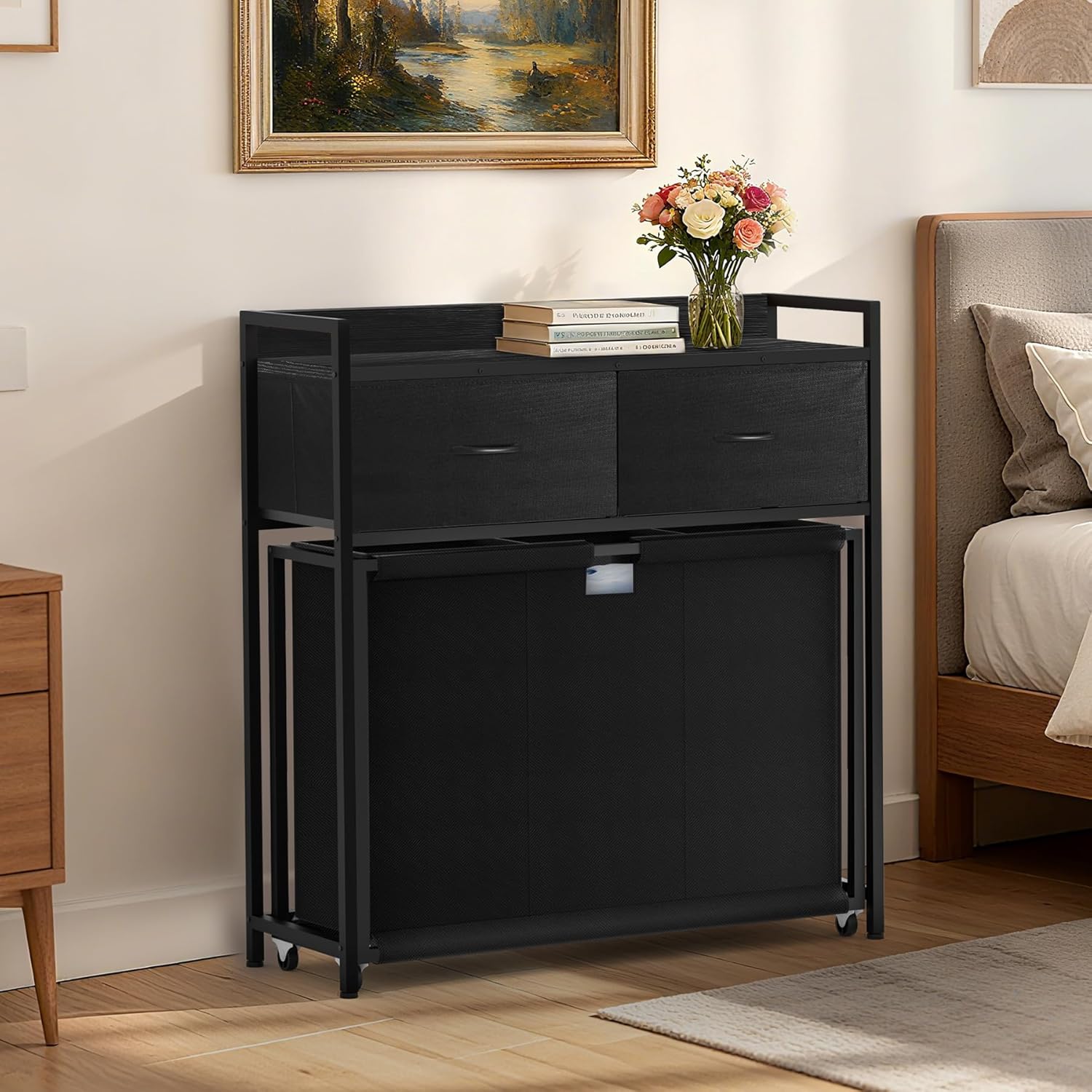Laundry Hamper with 3 Section Rolling Bags, Laundry Sorter with Wheels, Laundry Basket with 2 Drawer for Laundry Room (Charcoal Black)