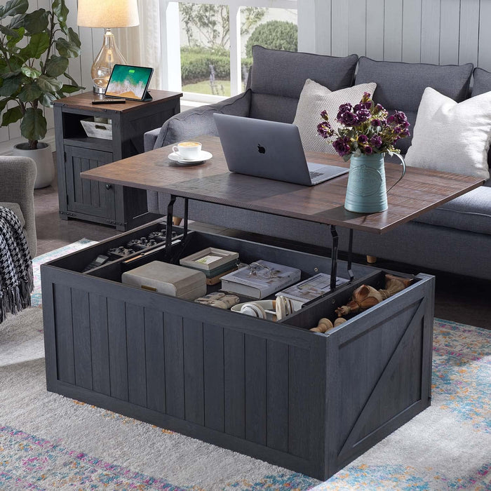 IFGET 48" Lift Top Coffee Table, Farmhouse Cocktai with Sliding Groove Barn Door, Rustic Wood Center Table w/Double Storage Spaces for Living Room, Dark Grey