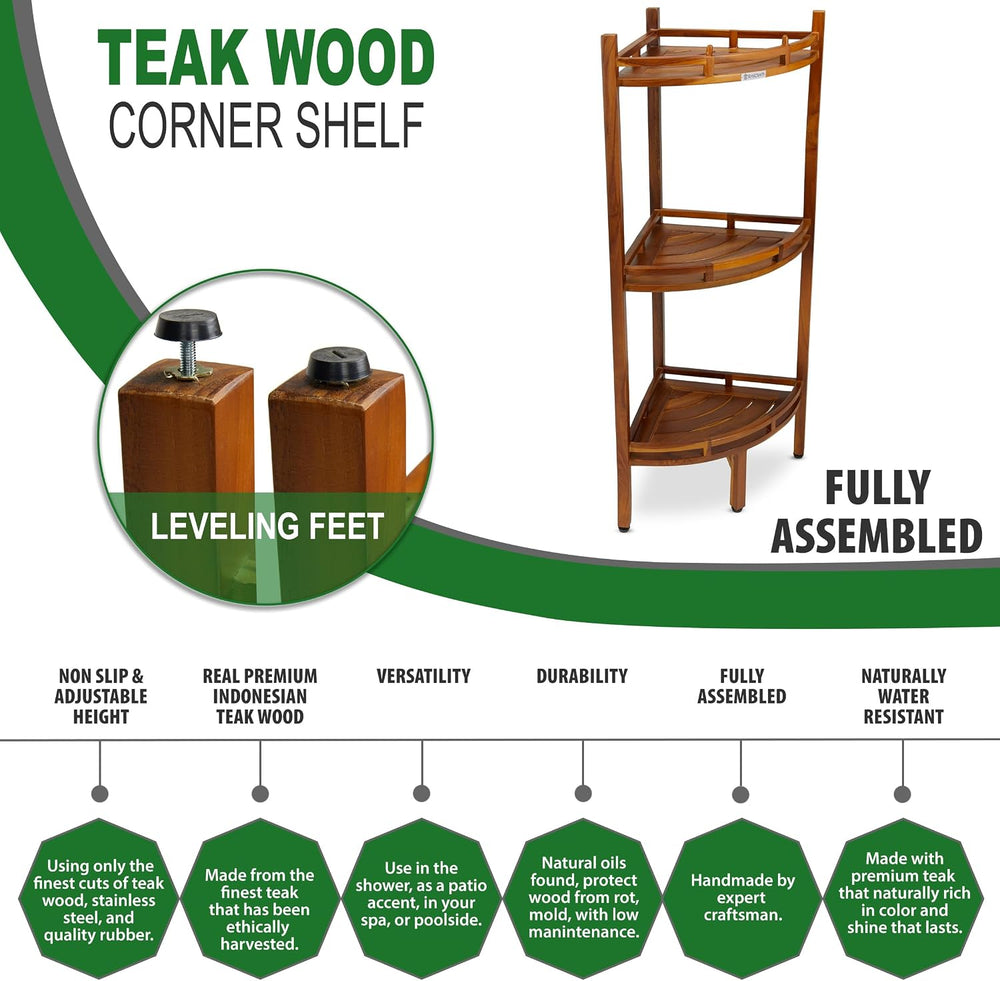 Teak Corner Shower Shelf, 3 Tier, 14Wx14Lx39.5H inches, Fully Assembled, The OM