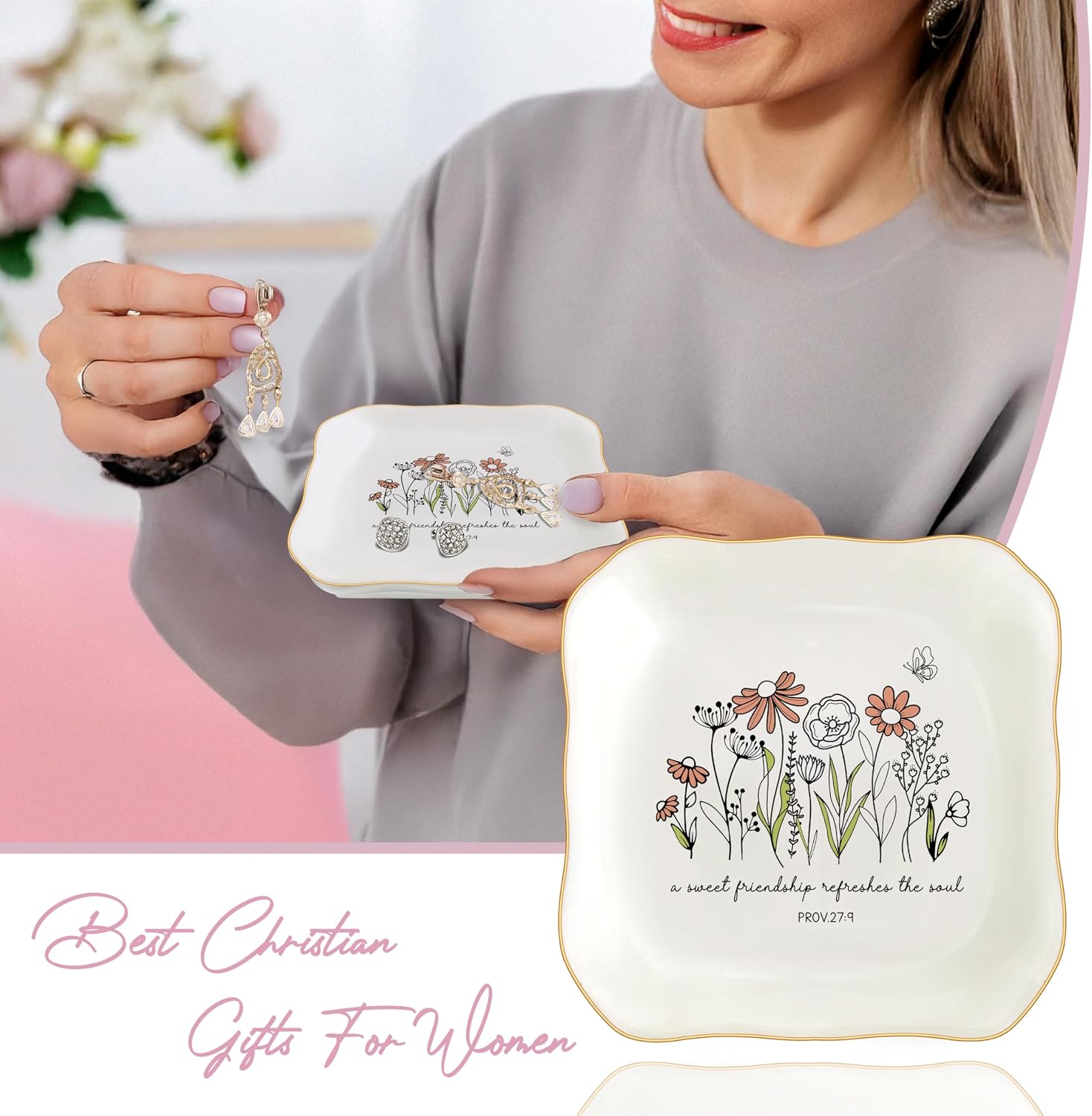 Christian Bible Verse Jewelry Dish Trinket Tray Gifts- Inspirational Ceramic Ring Jewelry Tray Gifts for Women-A Sweet Friendship Refreshes the Soul-Proverbs 27:9 (Inspirational)