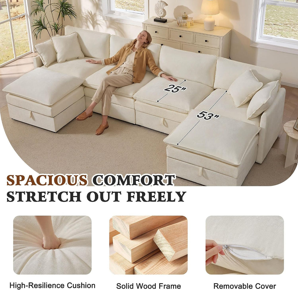 Ihanherry 135” Modular Sectional Sofa with Storage, U Shaped Cloud Couch with...