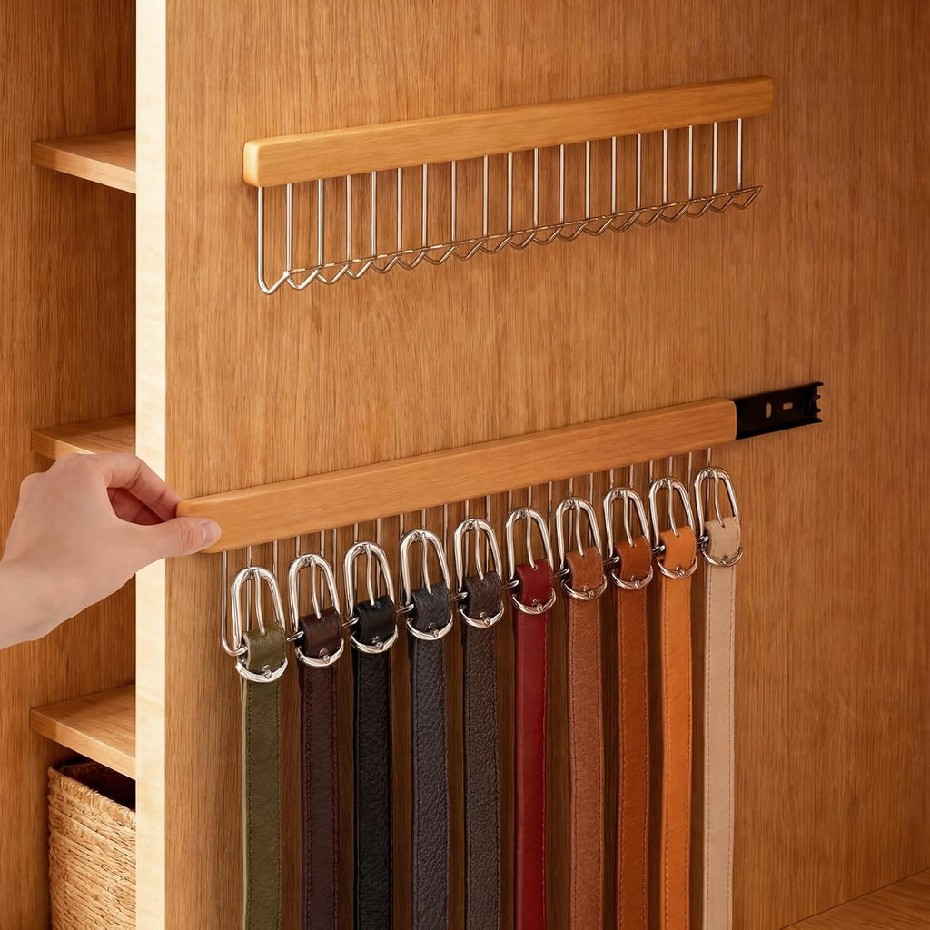 Yookeer 2 Pack Belt Organizer Pull out for Closet Belt Hanger Wall Mounted 16.1 Inch Valet Rods Ties Racks Extending with 12 Metal Hooks for Hanging Tank Tops Scarf Bras Key Storage Hanger Accessories