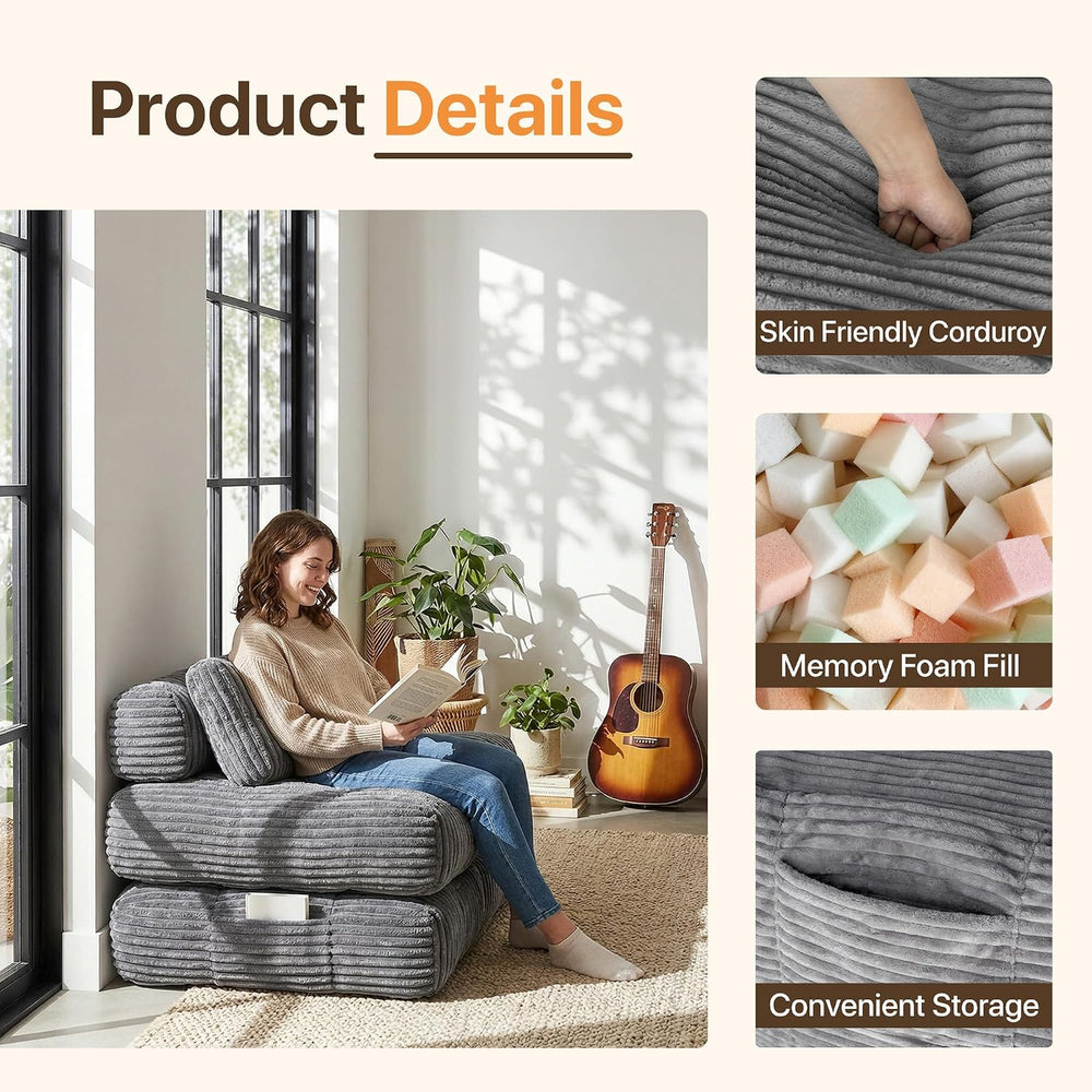 Claiks Boneless Chair Folding Sofa Bed, Sleeper Chair, Dark Grey, Single