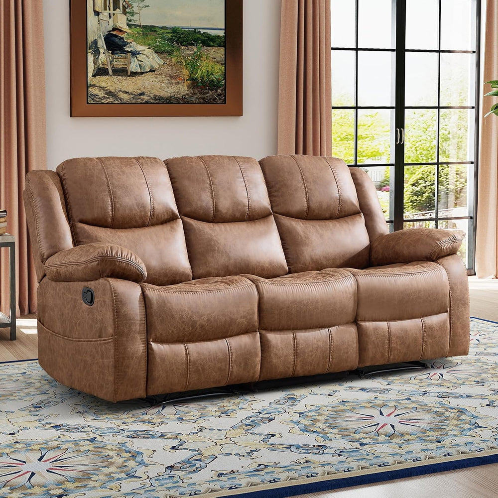 EBELLO Faux Leather Manual Reclining Sofa, Mid-Century Modern Overstuffed Arm...