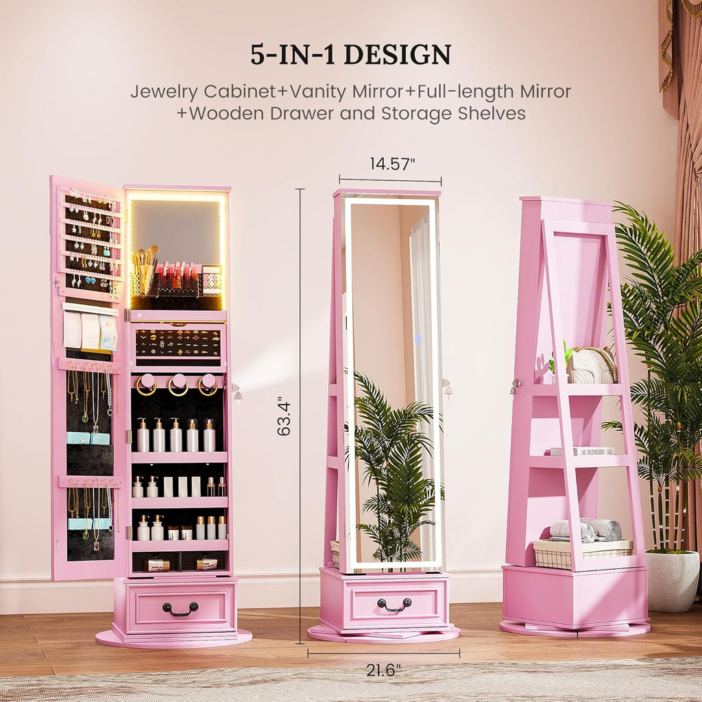 LVSOMT LED Mirror Jewelry Cabinet Standing, 360°Swivel Jewelry Armoire with Full Length Mirror, Mirror with Jewelry Storage and Large Wooden Drawer for Christmas Gifts (Pink)