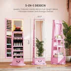 LVSOMT LED Mirror Jewelry Cabinet Standing, 360°Swivel Jewelry Armoire with Full Length Mirror, Mirror with Jewelry Storage and Large Wooden Drawer for Christmas Gifts (Pink)