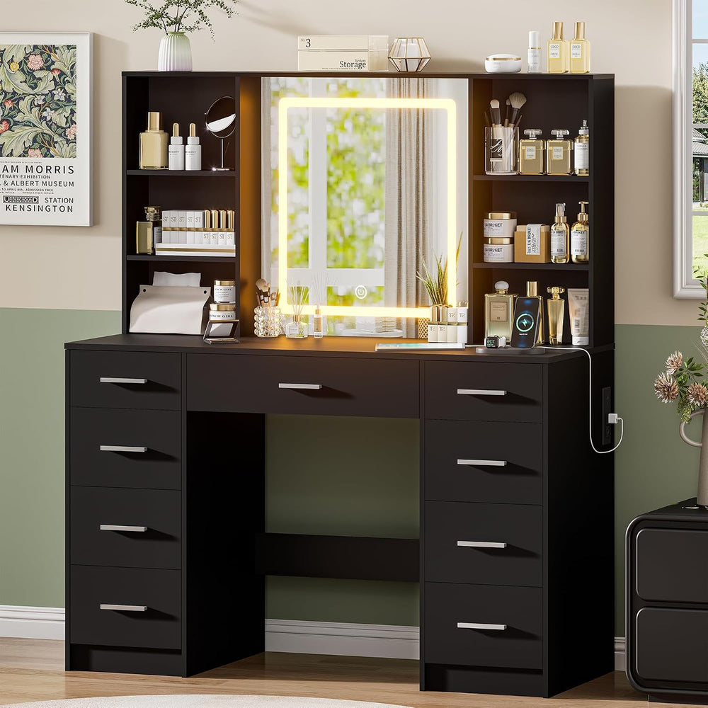 Black Vanity Desk with Mirror and Lights,Makeup Vanity with 9 Drawers, 6 Shel...