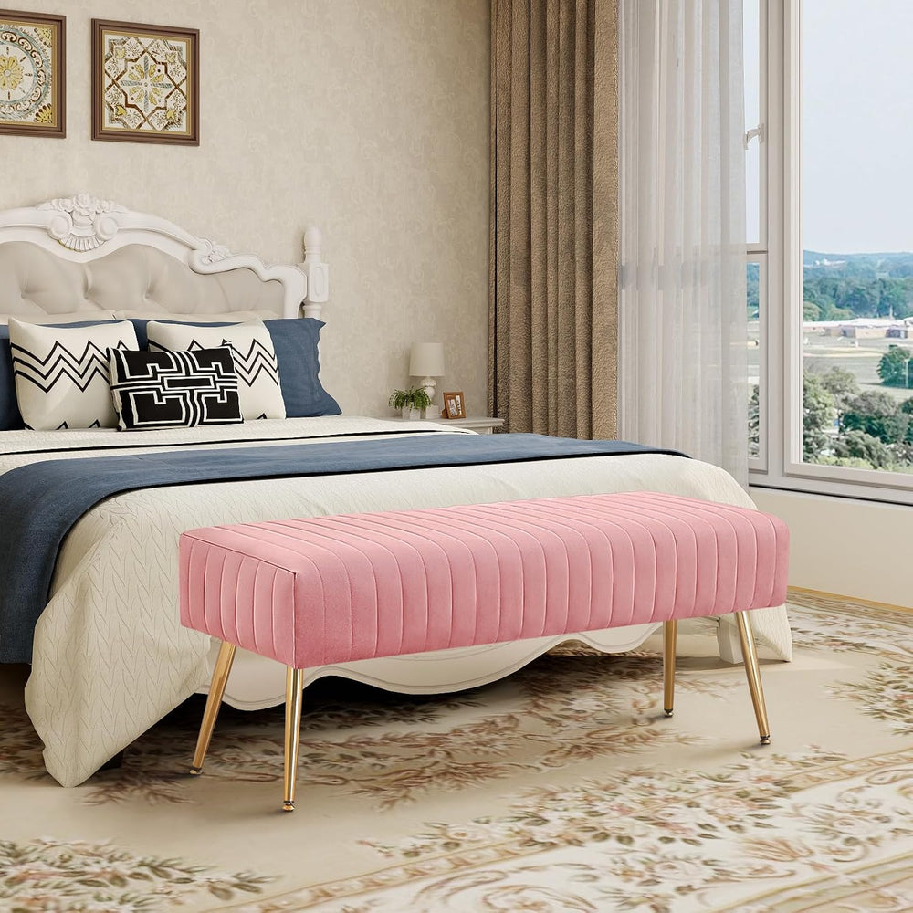 Furnimart 44 Inch Pink Velvet Ottoman Bench, Modern Upholstered Bedroom Bench...