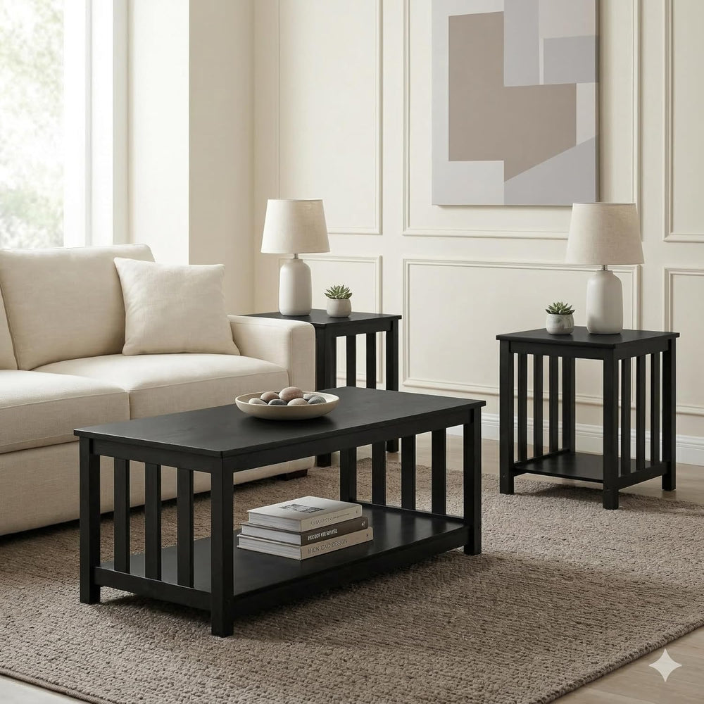 HOME DESIGN Ottawa 3 Piece Coffee Table Set with 2 End Tables and Lower Shelf...