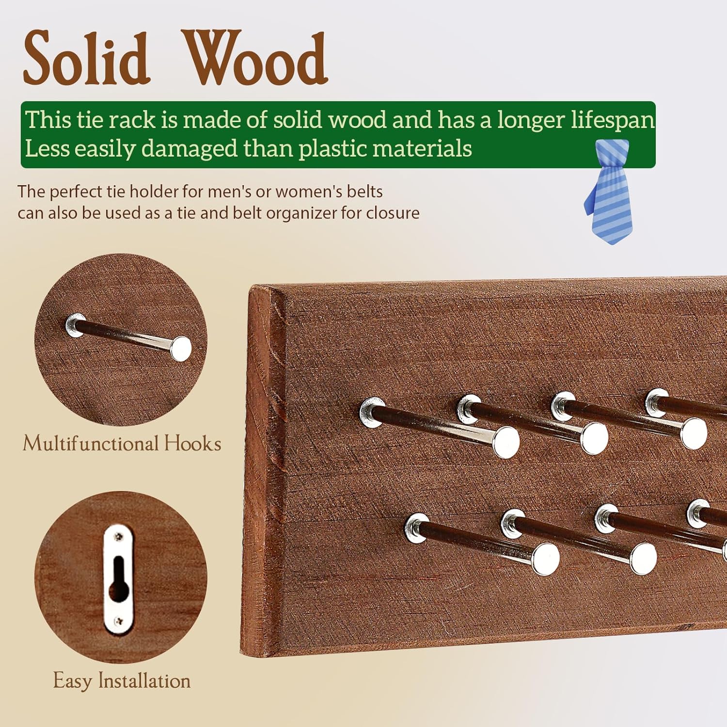 TreeHouse London Tie Rack Organizer – Holds 40 Large Ties – Solid Wood & Sturdy Metal Storage Holder for Closet – Wall Mounted Tie Display Hanger for Wall, Bedroom - (Walnut Tie Rack) 16" L X 4.25" H