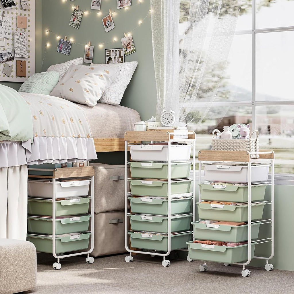 APEXCHASER Rolling Craft Storage Cart with 6 Drawers, Art Cart,Green | Utility Cart with Wooden Top, for Craft Room, Kids Art Station, Sewing Storage, Space-Saving for Home Office & Bedroom