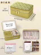 Velvet Travel Jewelry Box with Large Mirror, Double-Layer Jewelry Organizer Case for Women and Girls, Portable Storage Case with 6 Anti-Tarnish Bags Gift Ready for Her (Avocado Green)