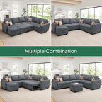 HONBAY Modular Sectional Couch with Pull Out Bed, Chenille Sleeper Sofa with Storage Seats Ottoman, U Shaped Sectional Couches for Living Room, Bluish Grey