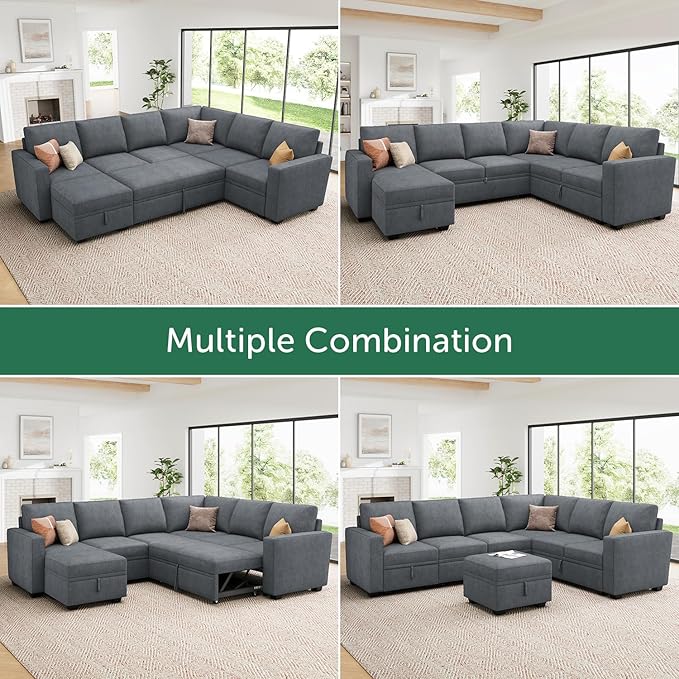 HONBAY Modular Sectional Couch with Pull Out Bed, Chenille Sleeper Sofa with Storage Seats Ottoman, U Shaped Sectional Couches for Living Room, Bluish Grey