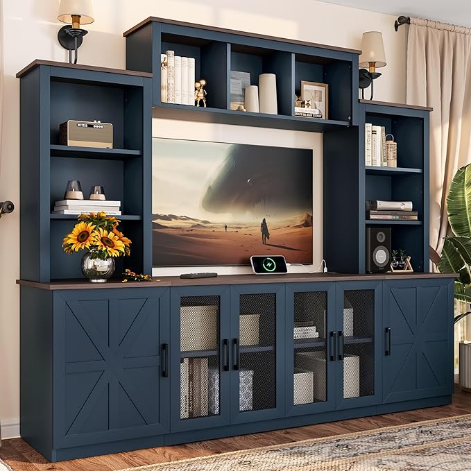Wall Unit Entertainment Center with Charging Station and USB Charging for TVs, TV Stand with Large Storage Cabinet, Modern TV Stand Media Console with Cabinets (Blue/T)