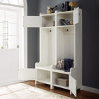Crosley Furniture Fremont 2-Piece Hall Tree Entryway Set with Storage Cabinets and Coat Rack Hooks, Distressed White