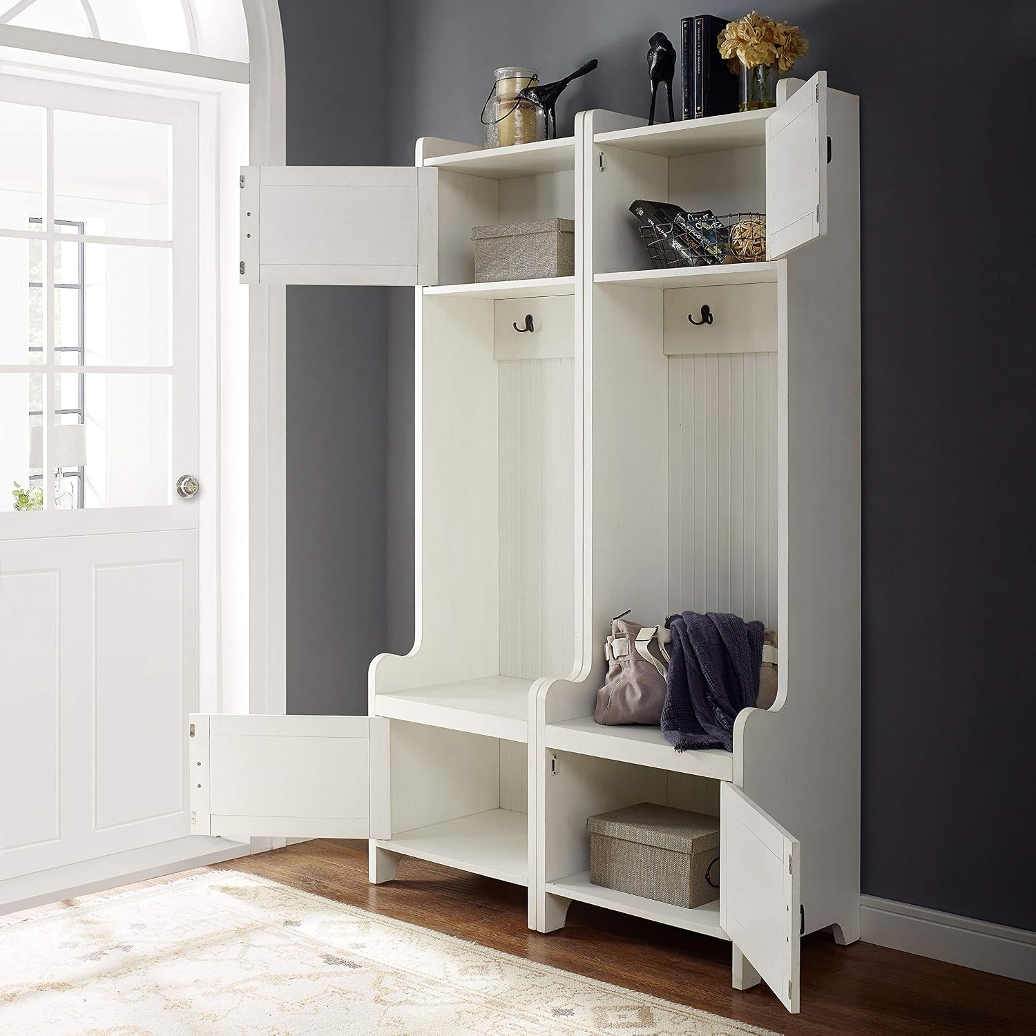 Crosley Furniture Fremont 2-Piece Hall Tree Entryway Set with Storage Cabinets and Coat Rack Hooks, Distressed White