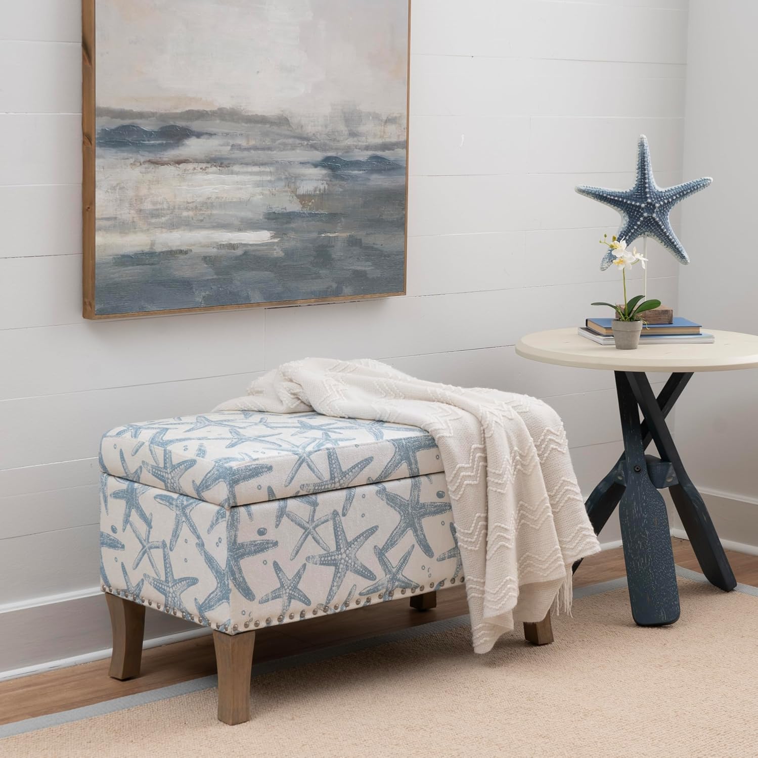 Linon Stephanie Cream and Light Blue Starfish Fully Upholstered Bench with Hidden Interior Storage