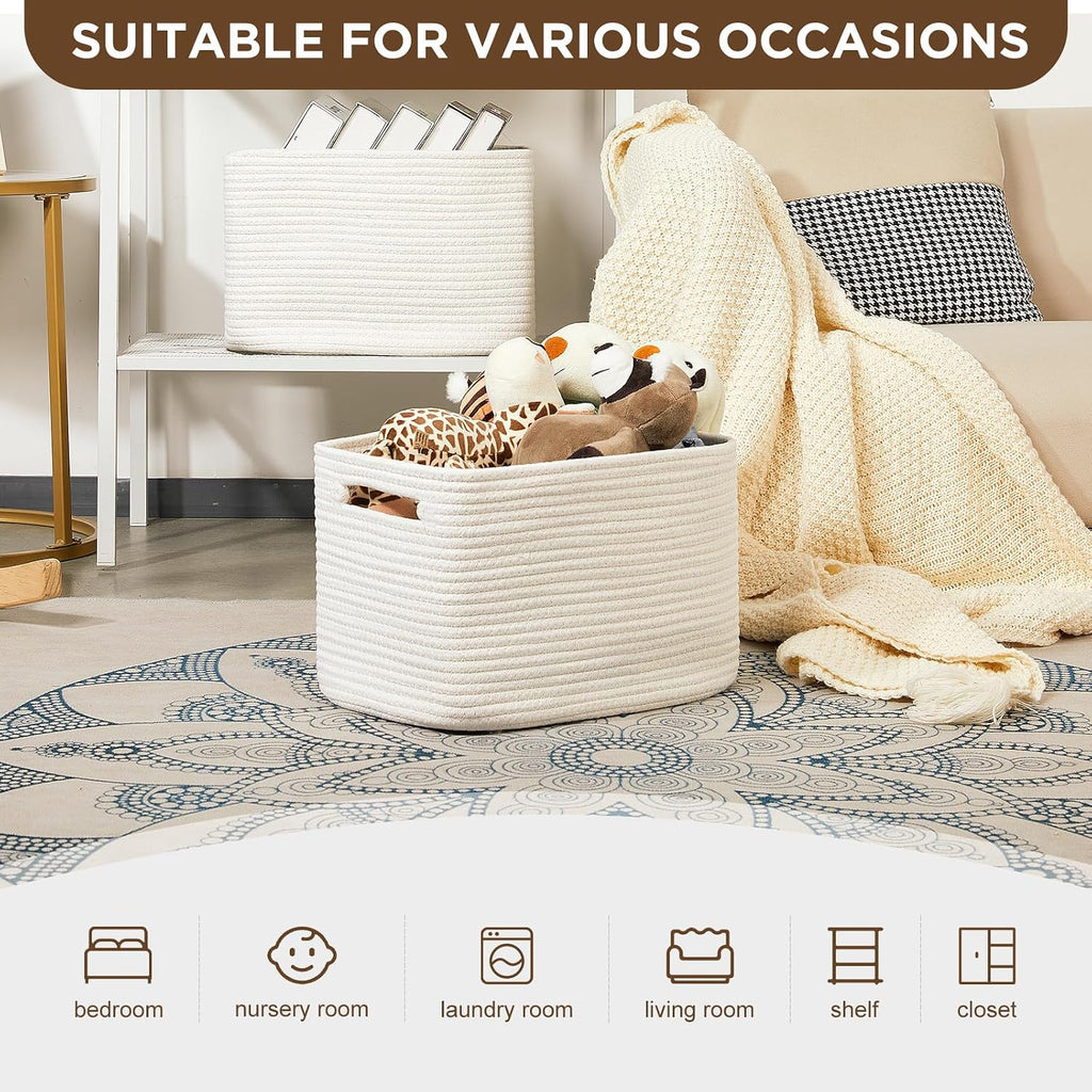Temary Woven Storage Baskets, Set of 3 Rope Baskets for Storage Clothes, Towels, Versatile Boho Storage Bins (White, 13"x9.8"x8.5")