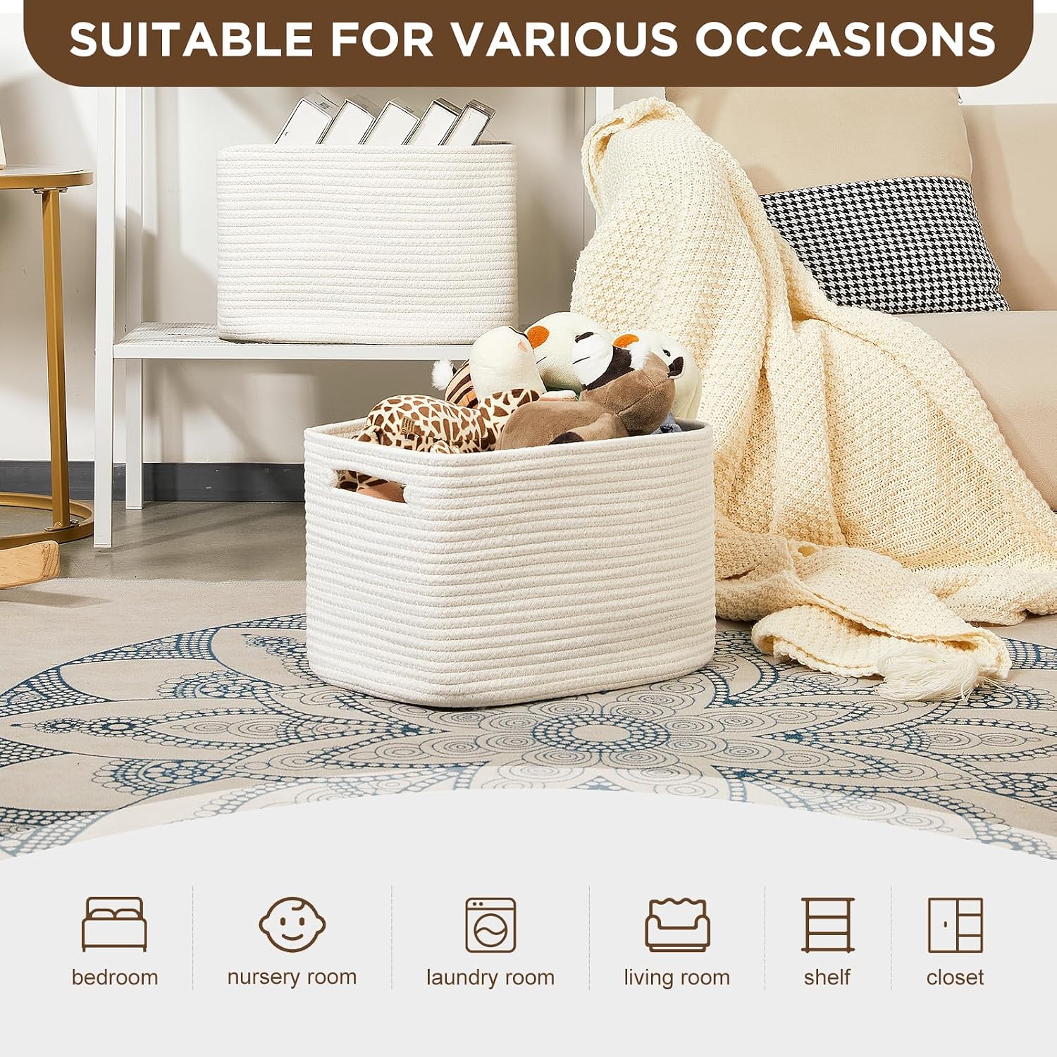 Temary Woven Storage Baskets, Set of 3 Rope Baskets for Storage Clothes, Towels, Versatile Boho Storage Bins (White, 13"x9.8"x8.5")