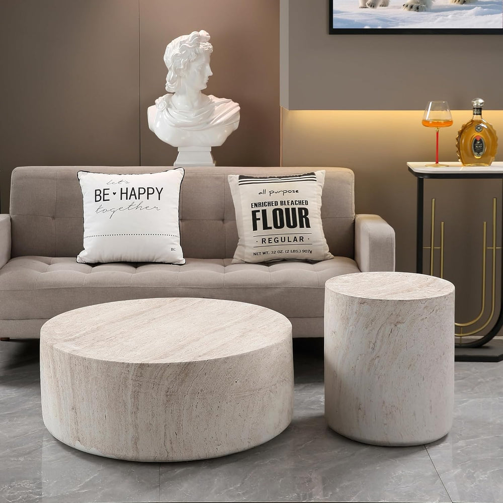 Light Travertine Finish Round Magnesium Oxide Side Table, 15.75 Inch Diameter...