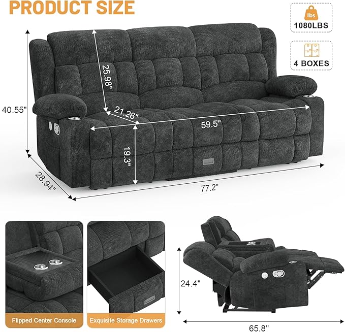 Loveseat Recliner Sofa, Flip Middle Backrest Design 3 Seat Reclining Sofa with Storage Drawer, USB Ports & Cup Holders, Manual Couch for Living Room/RV (New Gray)