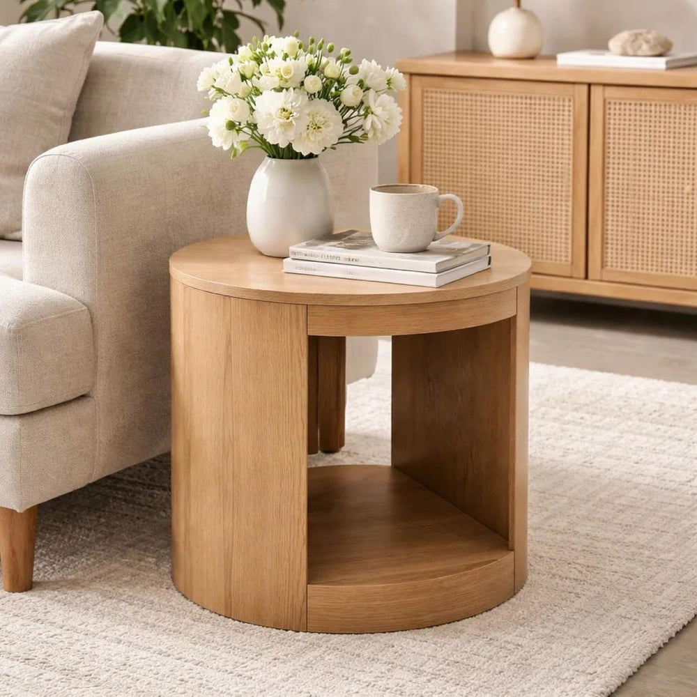 Benzara Sery Side End Table, 22 Inch Round Top with Open Lower Shelf, Oak Brown