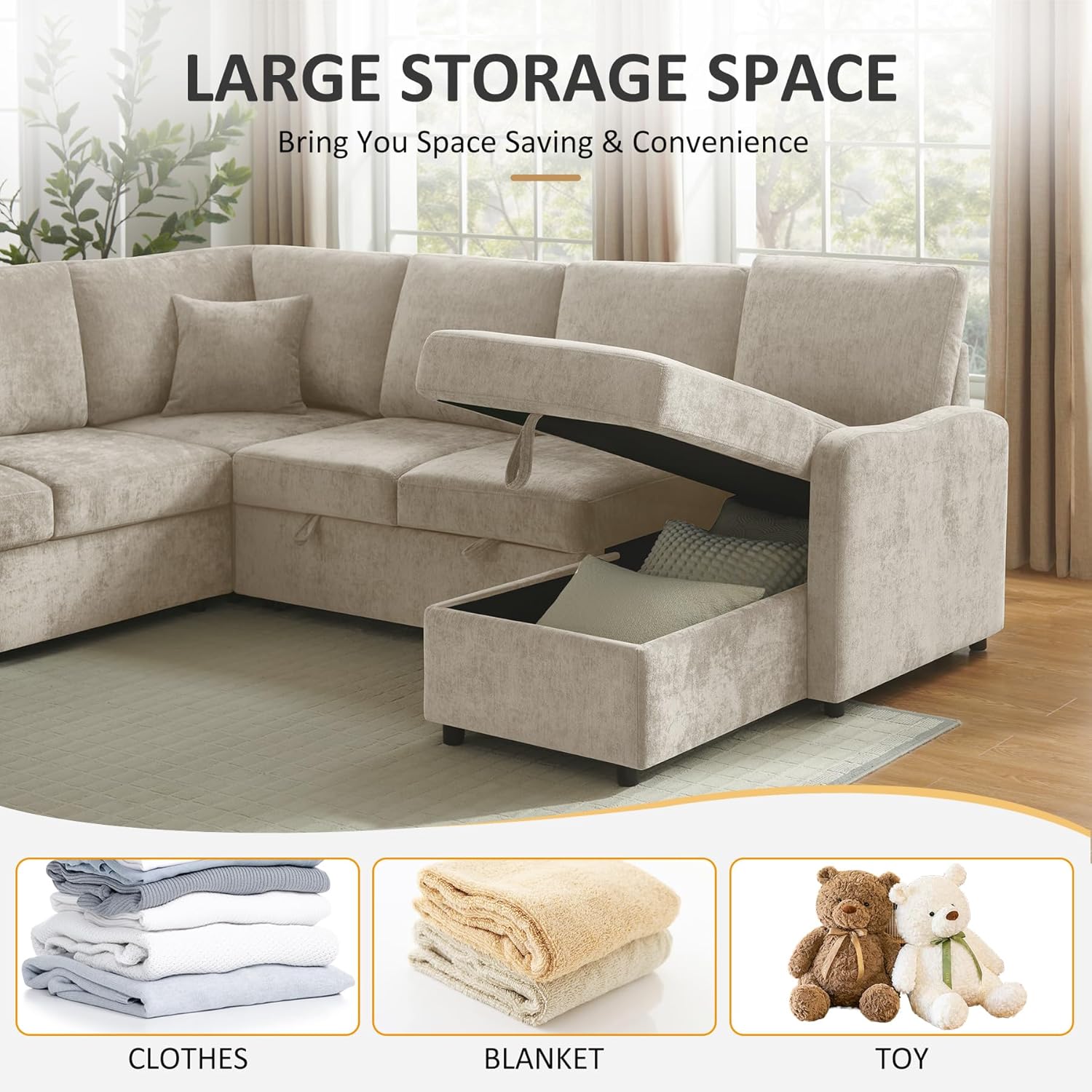 112'' Sectional Sleeper Sofa with Pull Out Bed, U Shaped 7 Seater Modular Sectional Sofa with Storage Chaise, Modern Sectional Sofas & Couches with 4 Pillows, Chenille Sofa Bed for Living Room, Camel