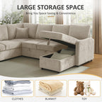 112'' Sectional Sleeper Sofa with Pull Out Bed, U Shaped 7 Seater Modular Sectional Sofa with Storage Chaise, Modern Sectional Sofas & Couches with 4 Pillows, Chenille Sofa Bed for Living Room, Camel