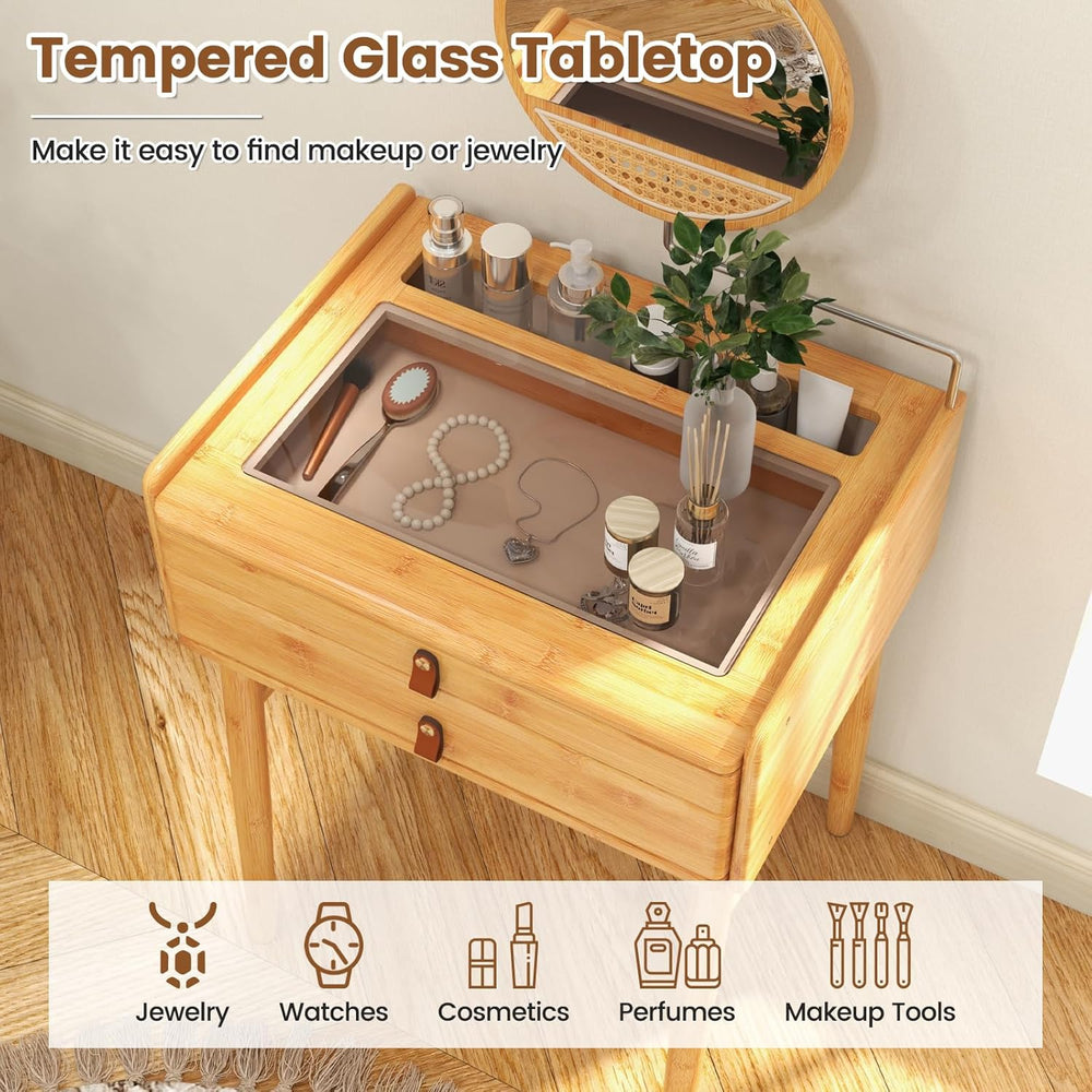 COSTWAY Bamboo Vanity Desk with Adjustable Round Mirror and 2 Drawers | Makeu...