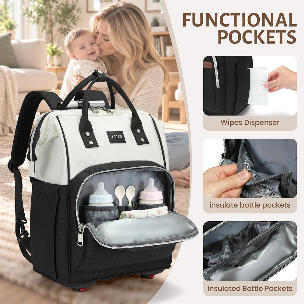 Rolling Diaper Bag Backpack,Diaper Backpack For Mom Dads With Changing Pad