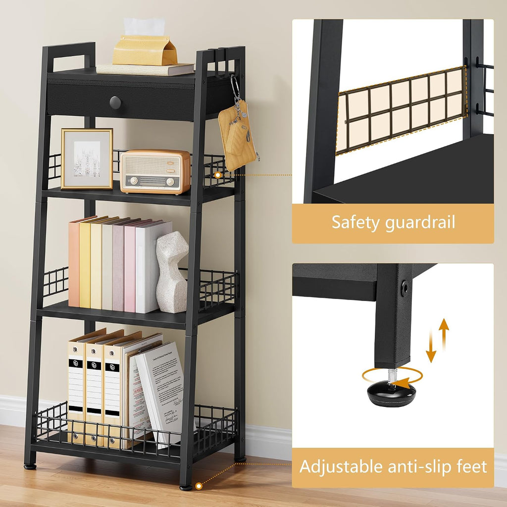 Gewudraw Bathroom Ladder Shelf with Drawer, 4-Tier Bathroom Storage, Black | Bathroom Table Stand for Small Spaces, Bathroom Storage for Living Room, Bedroom, Kitchen, Bathroom Organizer Standing Shelf