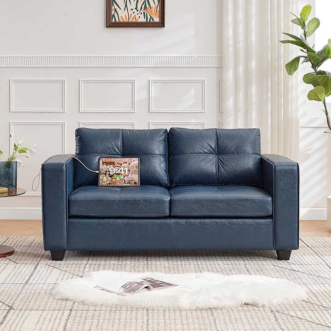 TYBOATLE 65" Blue Faux Leather Loveseat for Bedroom, Mid-Century Modern Tufted Comfy Loveseat w/USB Charging Ports and Wide Arms, 2 Seat Office Small Couch