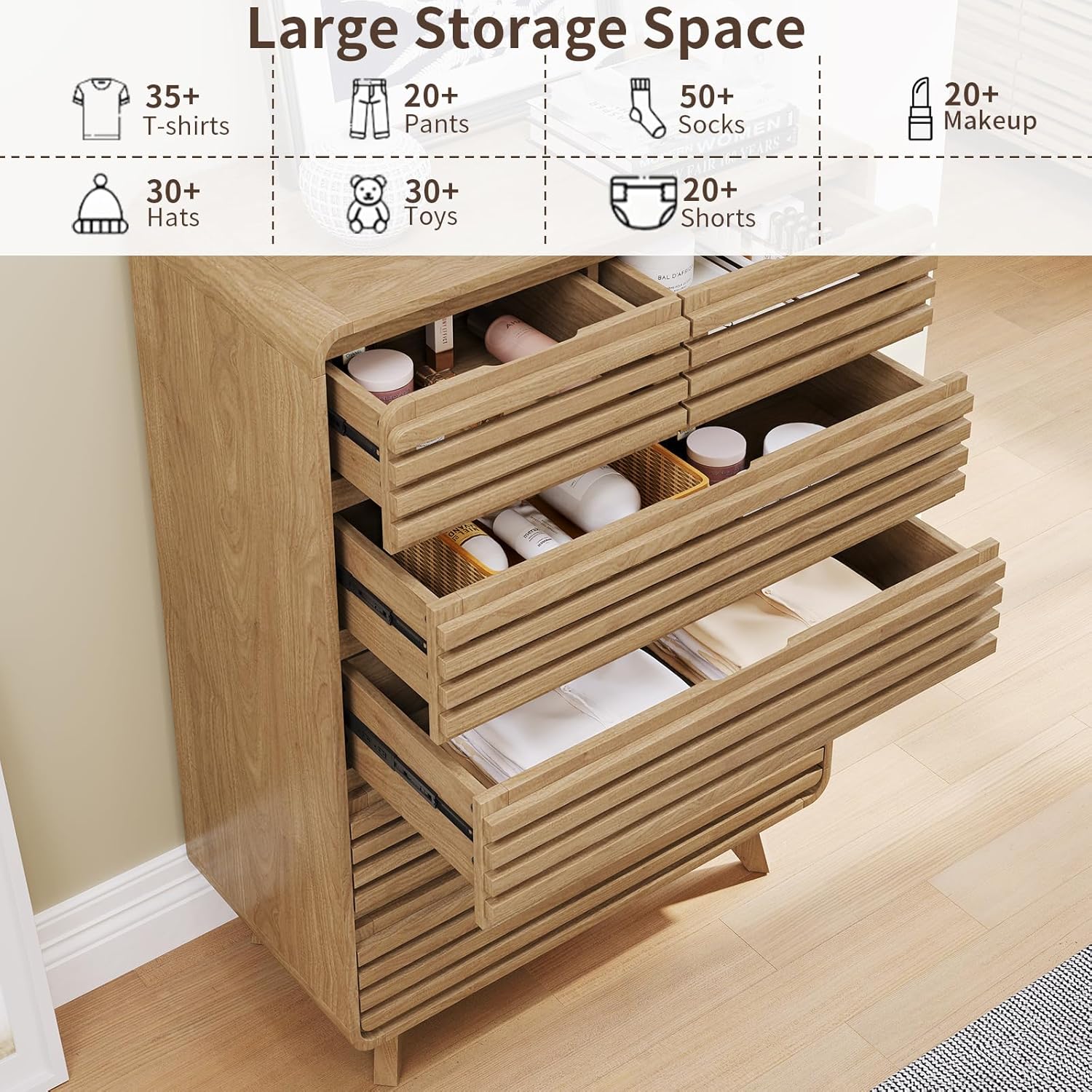 Tall Dresser and Nightstand Sets for Bedroom, 3 Piece Bedroom Set, Fluted 6 Drawer Dresser and Nightstand Set of 2, Wood Chest of Drawers Storage Organizer Cabinet Set, Natural Oak
