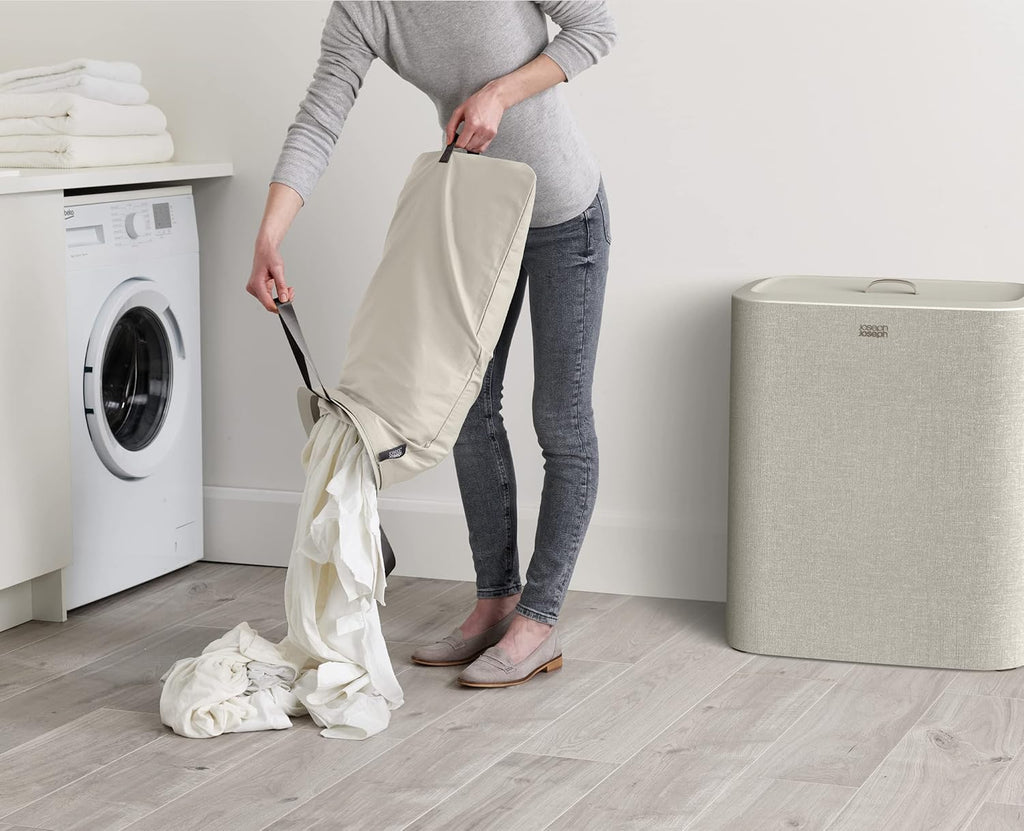 Joseph Joseph Tota Trio 90 liter/23.8 gallon Laundry Hamper Separation Basket with lid, 3 Removable Washing Bags with Handles- Ecru