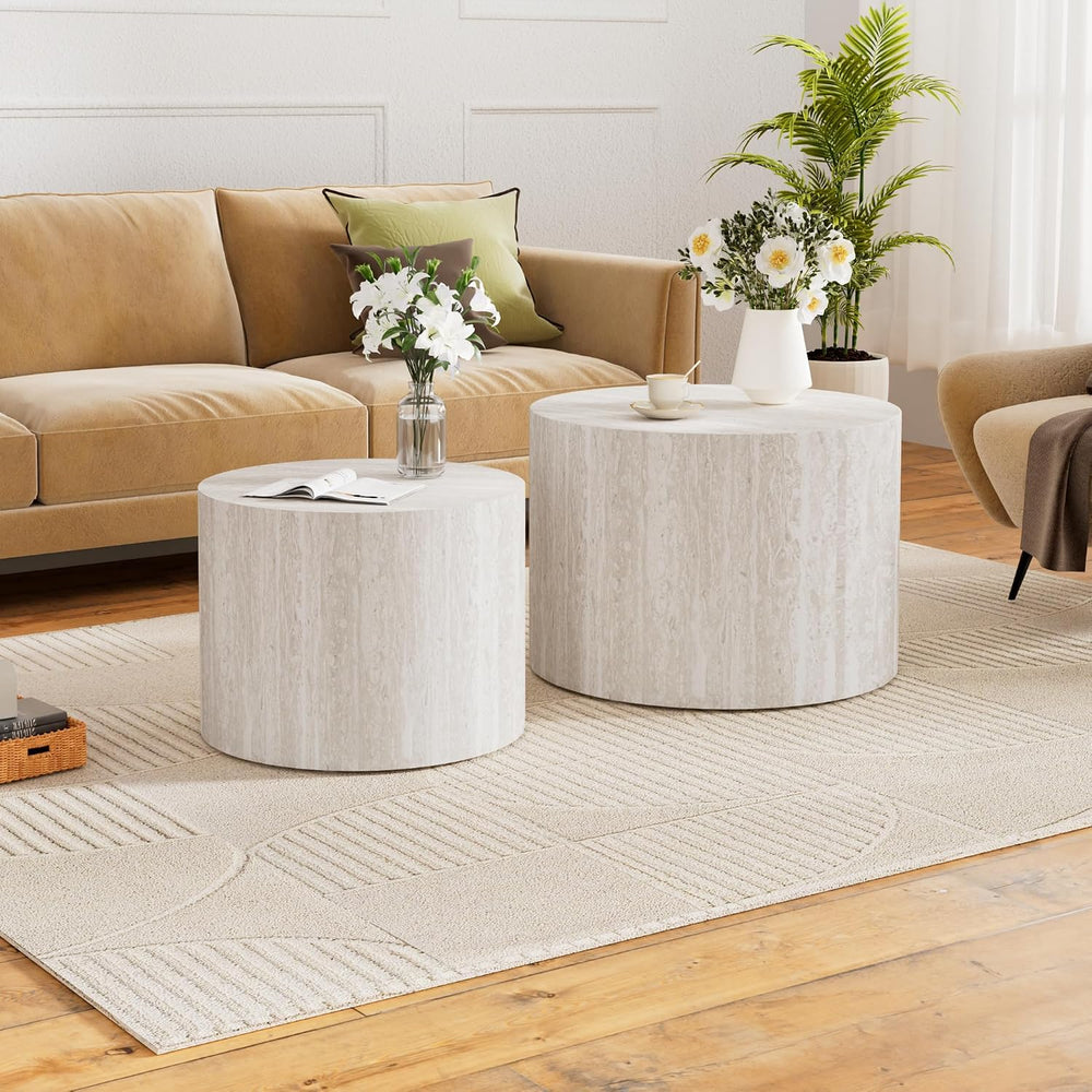 18 inch Round Travertine Nesting Coffee Table Set of 2, Terrazzo | Travertine...